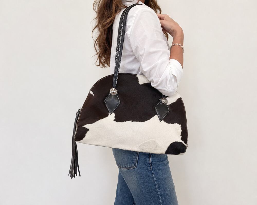 Donald J Pliner Brown White Cowhide Hair Shoulder Tote XL Western Purse Leather